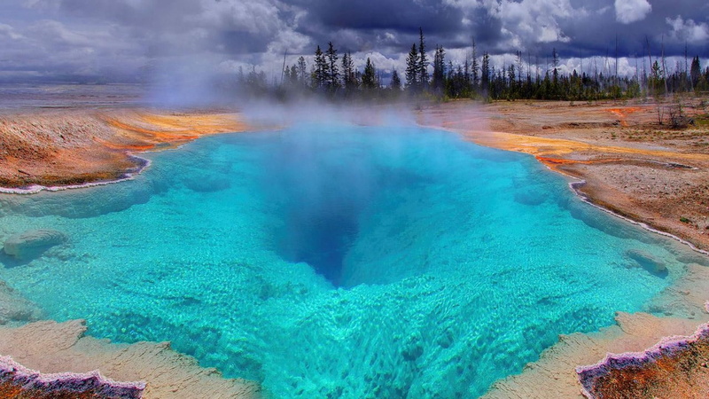 blue, hole, hot springs, steam, colors, 1080P, wyoming, nature and landscapes, geyser