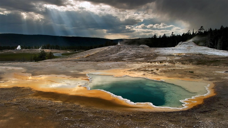around, sunlight, pool, minerals, 1080P, geyser, nature and landscapes, clouds