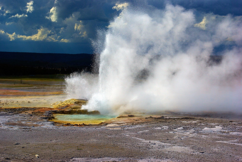 wyoming, beauty in nature, geology, white, splash, clouds, aqua, heat - temperature, hot, scenics - nature, clepsydra geyser, day, water, volcanic crater