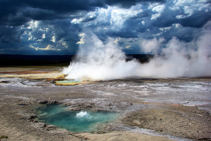 storm, scenics - nature, fountain, beauty in nature, landscape, clouds, aqua, volcanic, volcanic landscape, hot spring, non-urban scene, yellowstone, power in nature