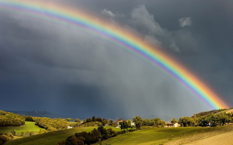 multi colored, cloud - sky, plant, double rainbow, rainbow, no people, sky, spectrum, tranquil scene, 1080P, natural phenomenon, nature, photography nature landscape rainbows hills clouds field trees
