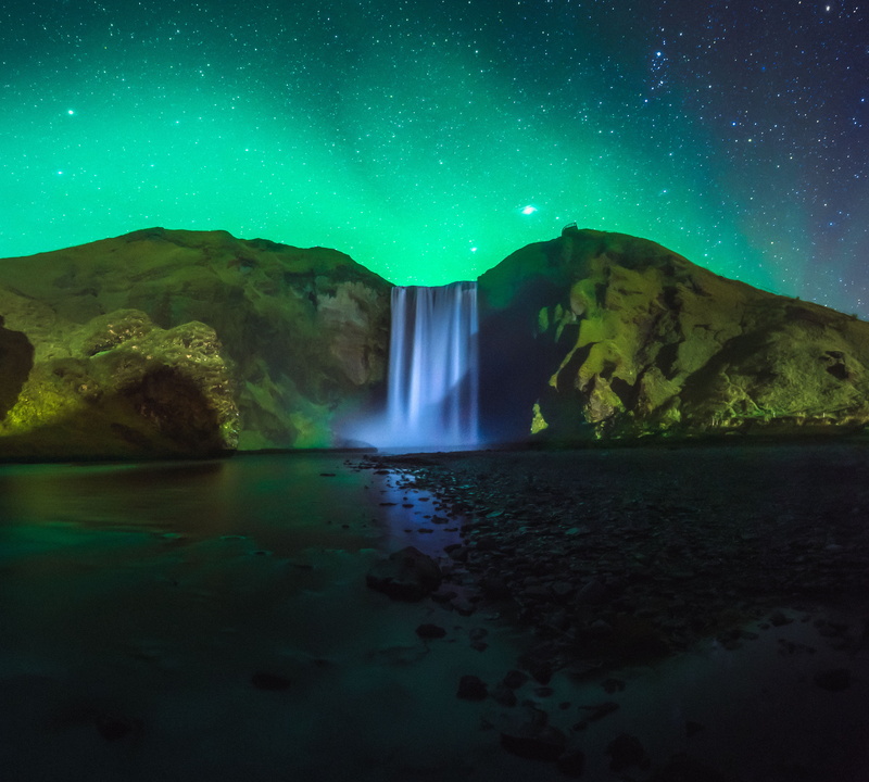star - space, green, light, flowing water, tranquility, sky, waterfall, power in nature, water, falls, astronomy, mountain, idyllic, waterfront, stars