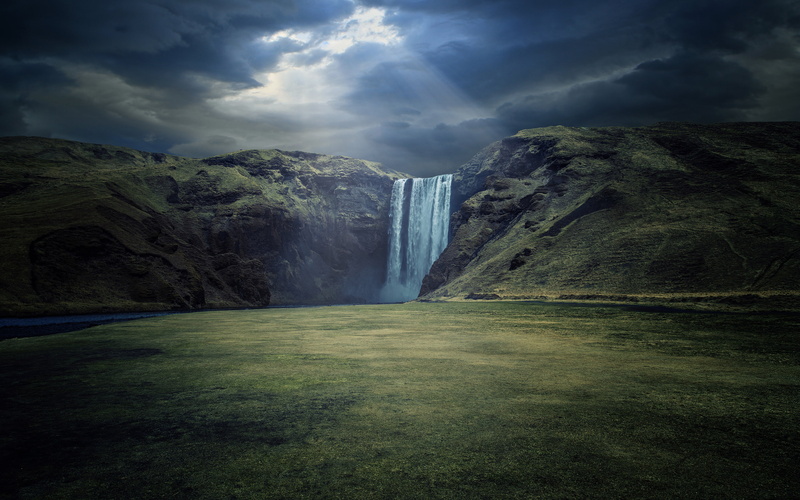 sky, skogafoss, grass, waterfall, 2K