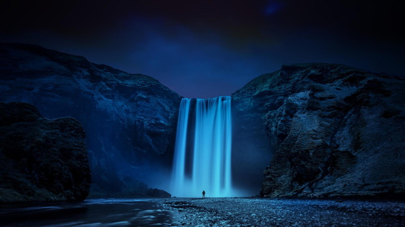 river, rock - object, solid, sky, motion, skoga river, flowing, darkness, stream, skogar, atmosphere, flowing water, 1080P, no people, blue, rock, rock formation