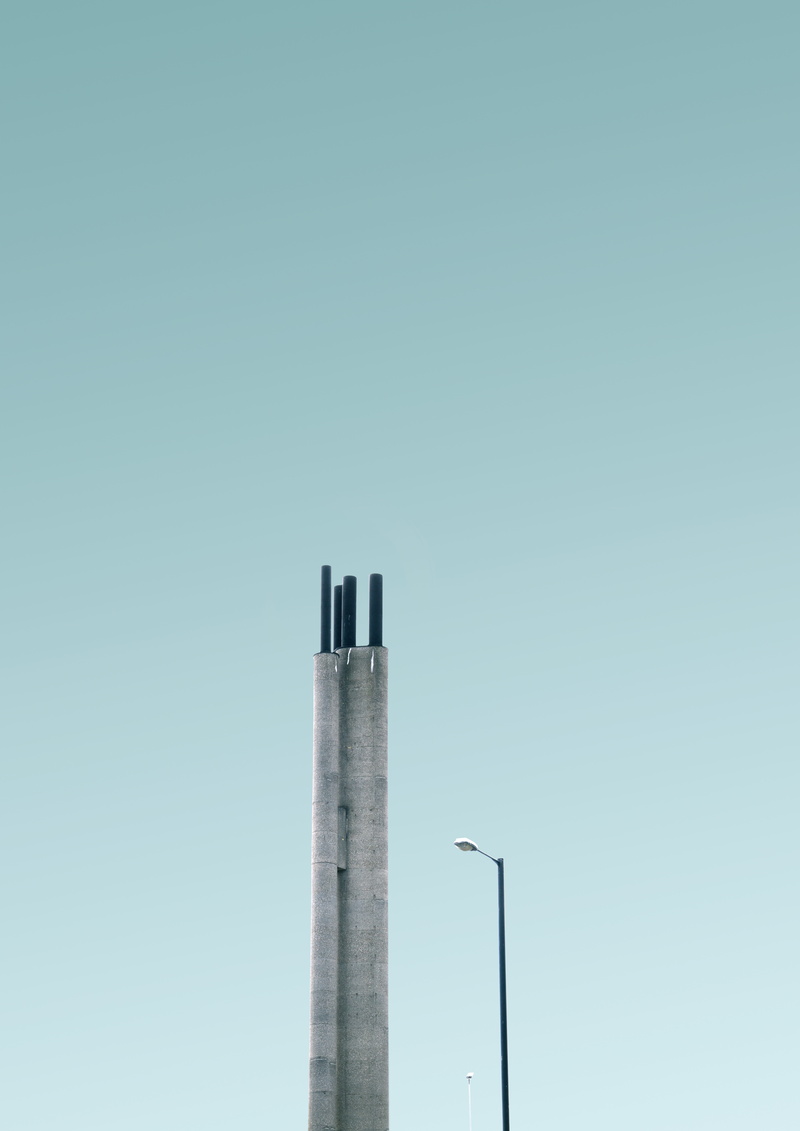 smoke stack, 8K, building, lamp, skyscraper, architecture, copy space, design, building exterior, minimal, concrete, metal, blue, factory, geometric, archiporn