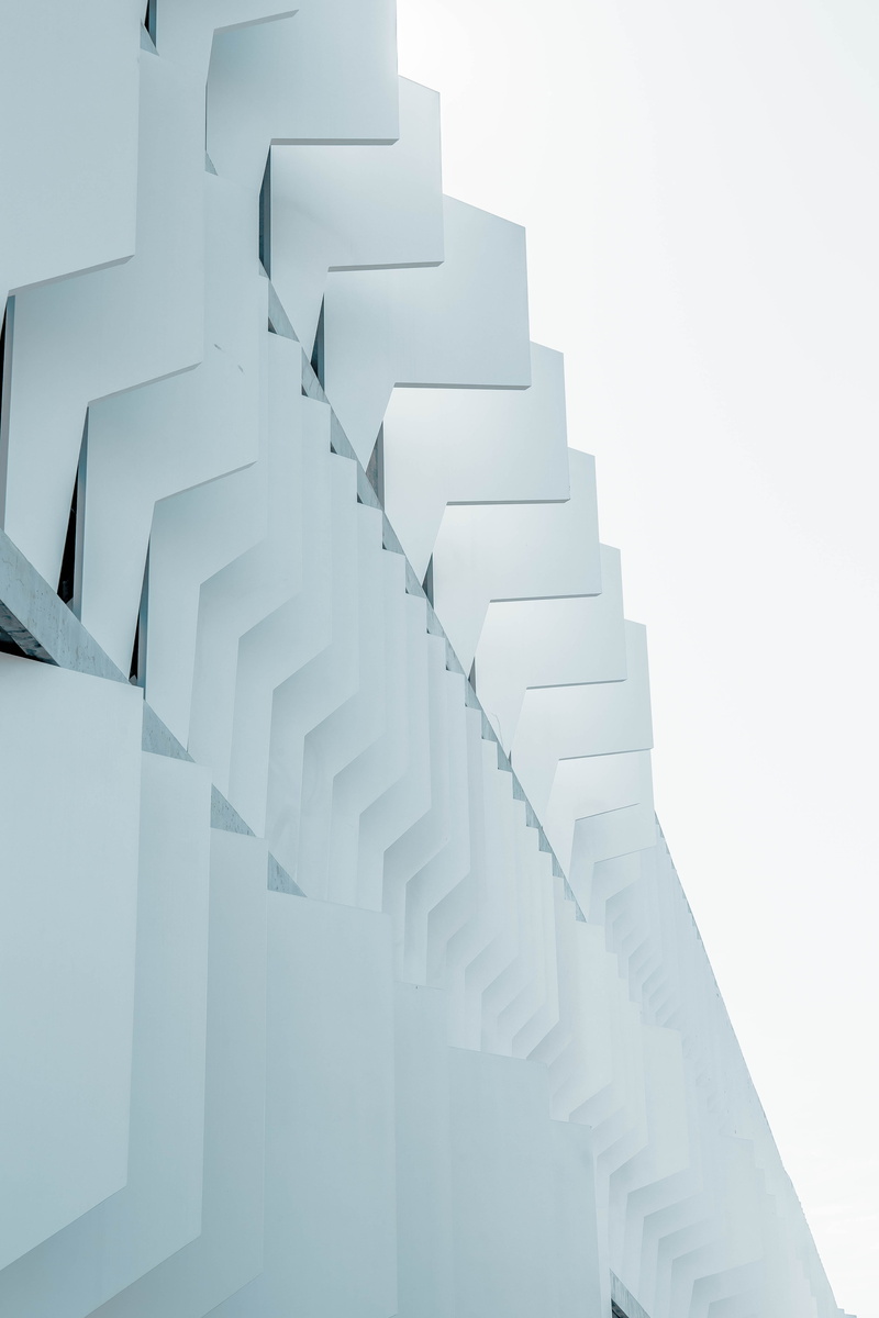 white color, in a row, repetition, exterior, geometry, railing, white background, minimal, facade, untitled, architecture, built structure, steps and staircases