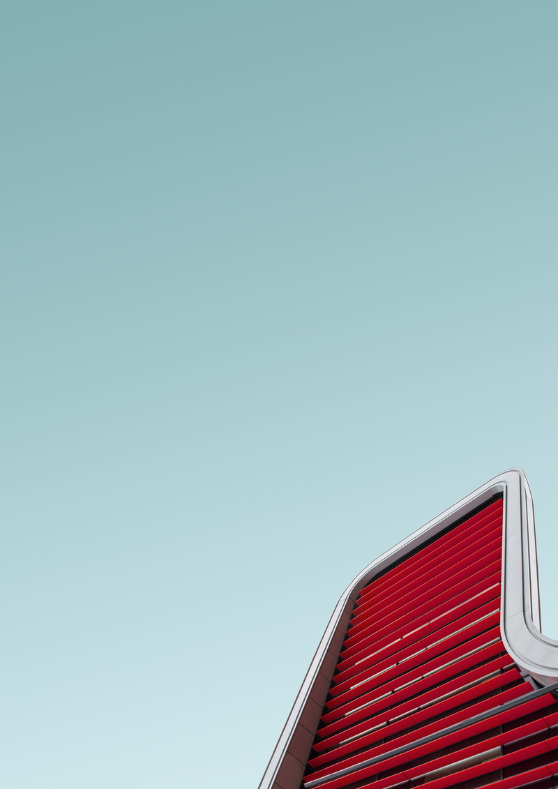 red, slough, building, worm, eye, copy space, 8K, geometric, untitled, architectural detail, roof, view, business, low angle view, high section, no people
