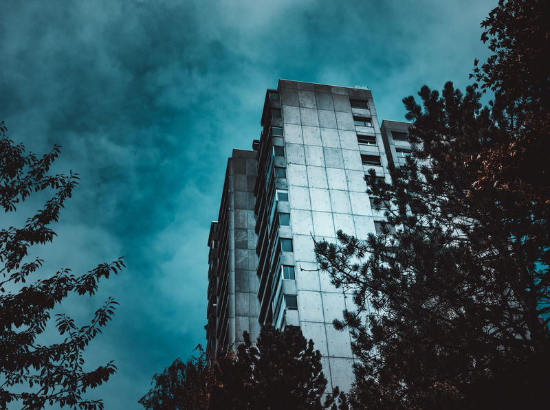 photography, rise, white, facade, architecture, office, tall - high, cloud - sky, low angle view, tallest, low angle shot, city, clouds, trees, building exterior