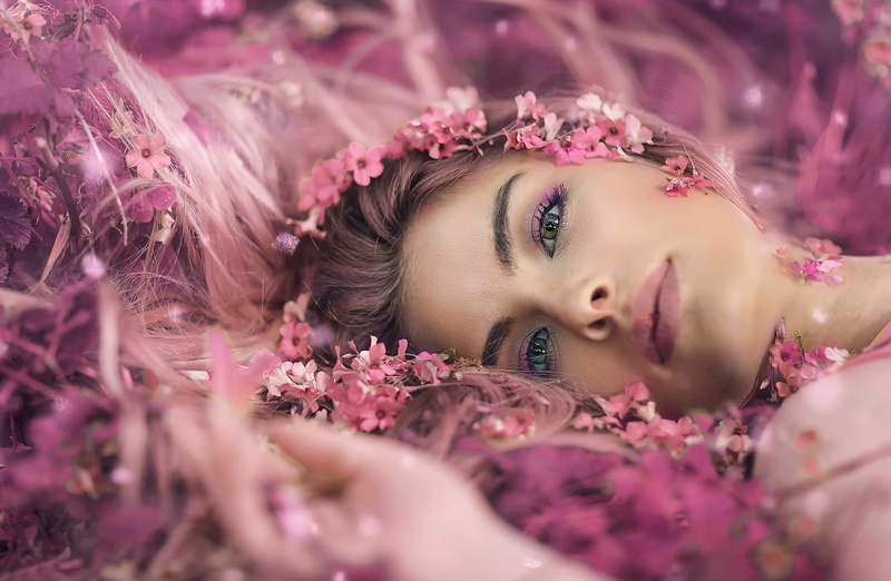 beauty in nature, hair, beauty, beautiful woman, pink flowers, music, 1080P, long hair, plant, outdoors, closeup, portrait, flower, flower petals, young women