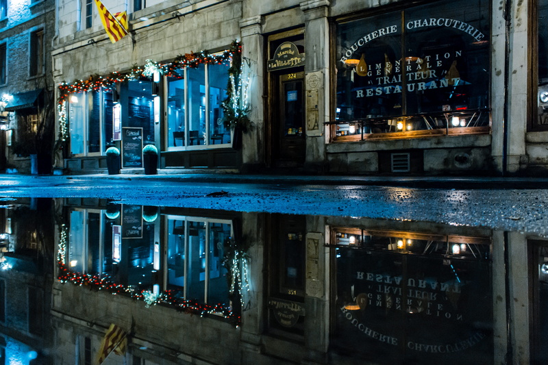 street, canal, reflection, rain, blue, architecture, waterfront, night, dusk, old, store, glowing, illuminated, lighting equipment, old montreal, window