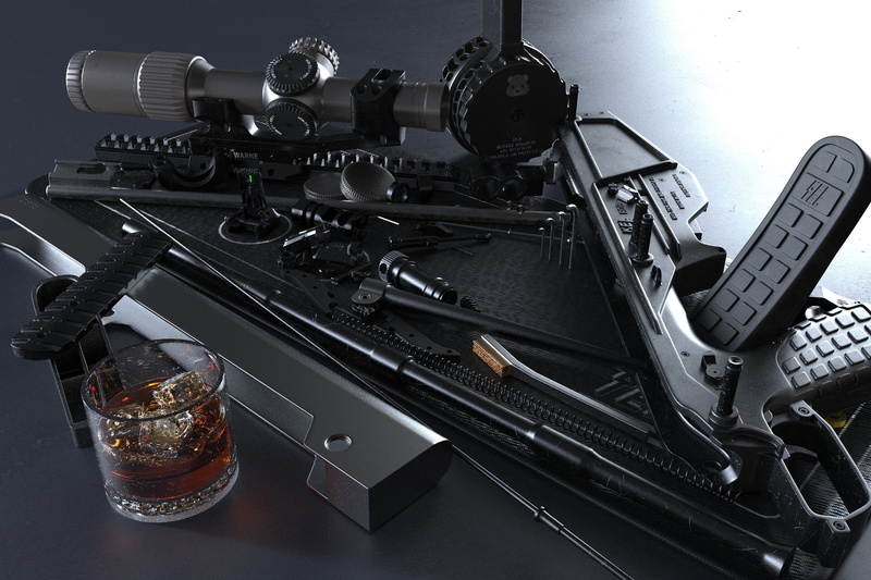 alcohol, assault rifle, Scotch, ice cubes, artwork, whisky glass, sniper rifle, CGI, whisky, gray background, scratches, 2K, Anthony Brun, 3D, digital art