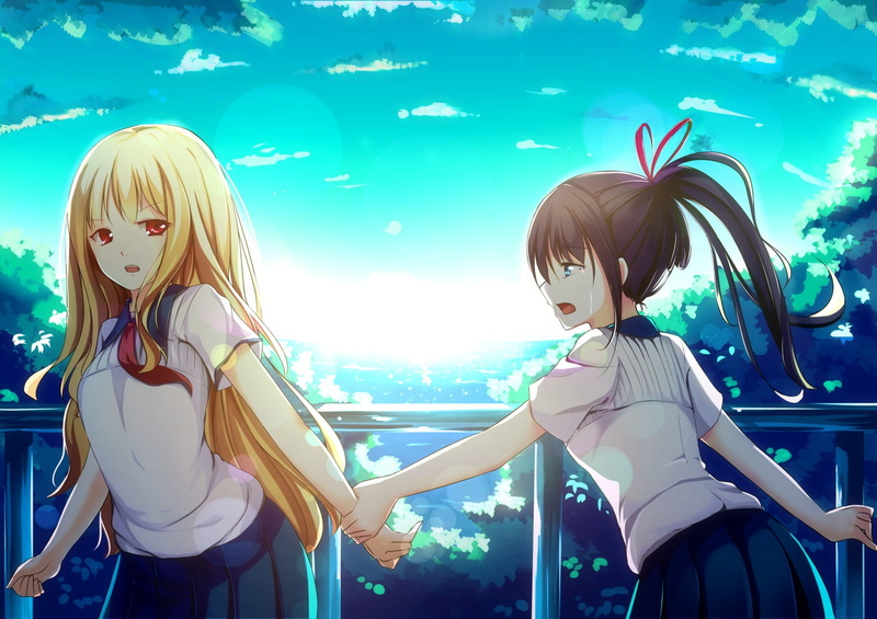 red eyes, hairstyle, school uniform, family, anime girls, outdoors, hair, 720P, blond hair, lifestyles, bonding, women, schoolgirl, standing, long hair