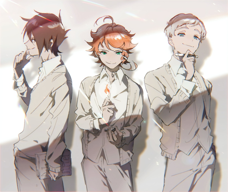 2K, matchstick, anime, books, smiling, The promised neverland, pen