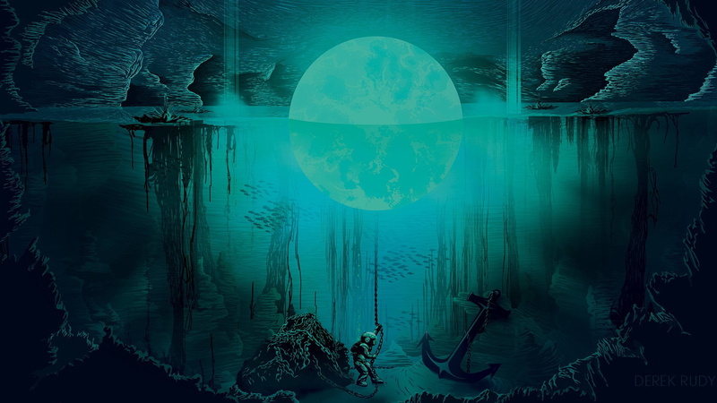 Rudy, sea, 1080P, derek, Divers, Moon, artwork, art, blue, digital, underwater