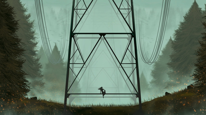 women, relaxing, nature, landscape, 1080P, power lines, green, digital art, Derek Rudy