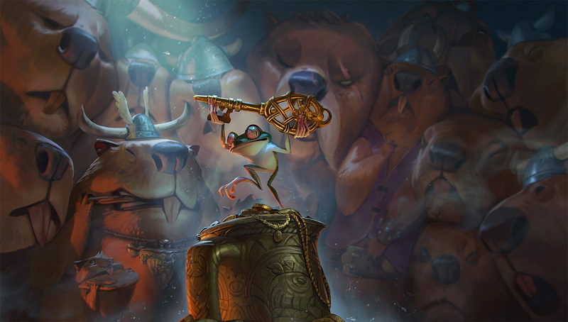 humor, beavers, gold, 720P, sun rays, fantasy art, Rudy Siswanto, frog, keys, helmet, treasure