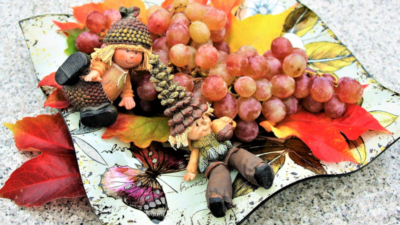 day, grapes, imp, no people, art and craft, autumn, decoration, human representation, leaves, 4K, plate, october, composition, plant part, healthy eating