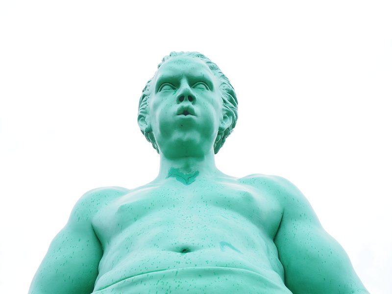martin cloud, statue, clear sky, westerland, human, giant, craft, green color, sky, representation, art and craft, male likeness, cut out, sculpture, human representation