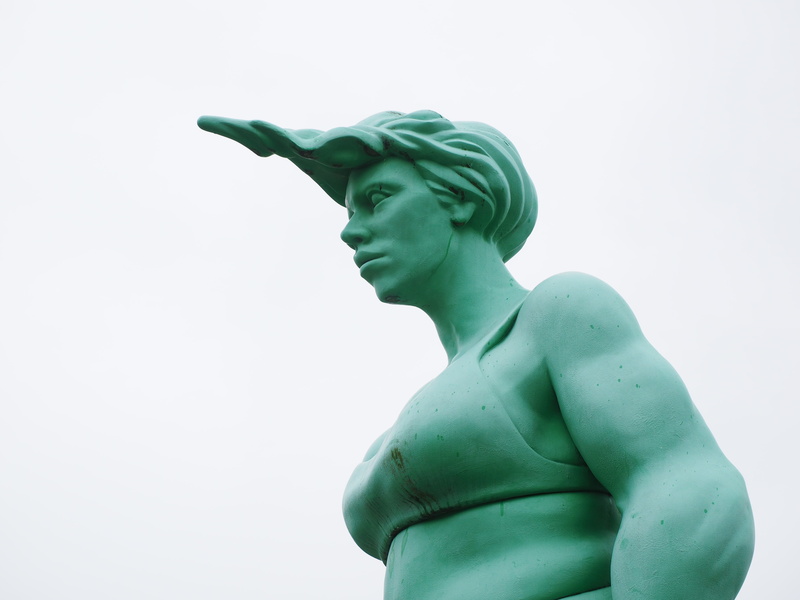 studio shot, craft, artwork, human representation, male likeness, green, turquoise colored, westerland, waist up, fine art statue, martin cloud, person