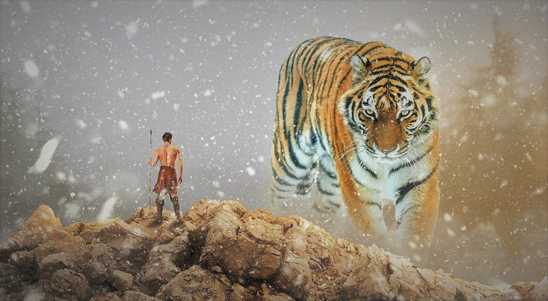 warrior, snowfall, giant, rock, tiger, 1080P, artistic, fantasy, man, winter