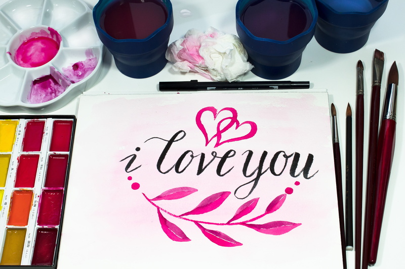 romance, communication, watercolor block, luck, i love you, beauty in nature, amorous, watercolour, affection, plant, hand lettering, high angle view, paper