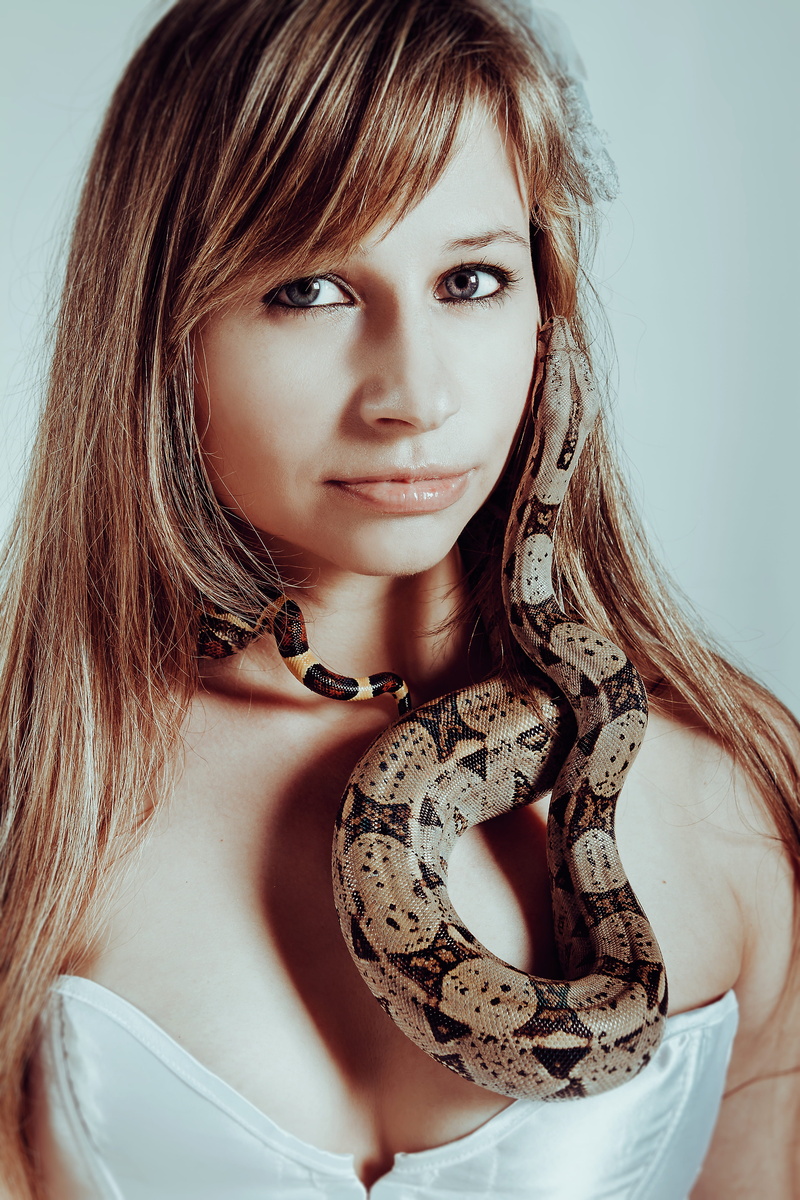 lifestyles, women, brown hair, long hair, reptile, with a snake, beautiful woman, animal, portrait, young adult, green snake, real people, headshot, hairstyle