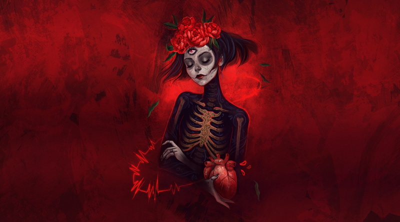 human body part, spooky, celebration, make-up, fear, red, halloween, fantasy girl, nature, horror, clothing, artwork, beautiful woman, females, hairstyle