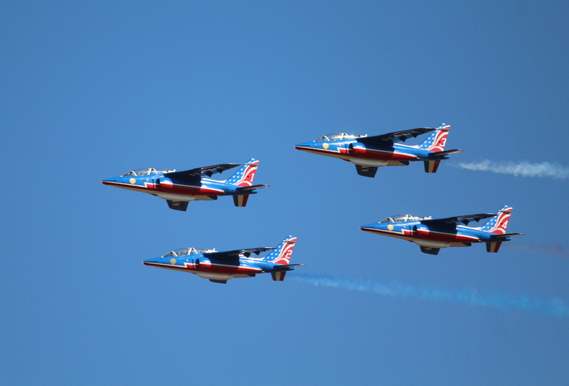 motion, air show, sky, vapor trail, fighting, on the move, outdoors, nature, airplane, jet, transportation, daytime, four, blue, aerospace industry, mid
