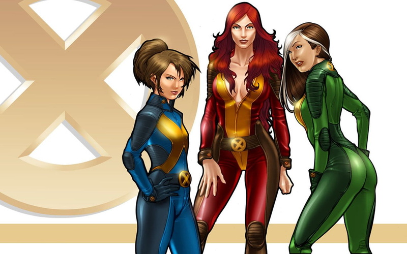 clothing, x, group of people, front view, illustration, 720P, adult, studio shot, three, standing, characters, Rogue (Marvel Comics), portrait, female