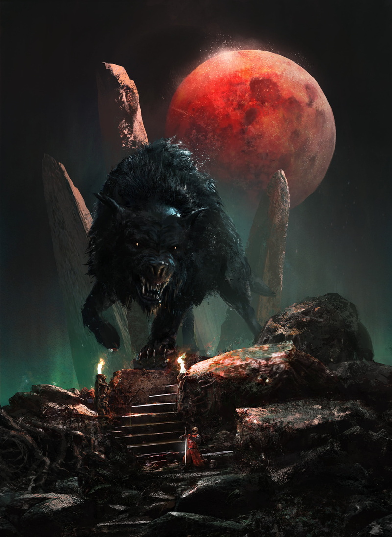 digital art, portrait display, werewolves, 2K, concept art, kneeling, knight, red moon, wolf, ArtStation, digital painting, fangs, stairs, drawing, artwork