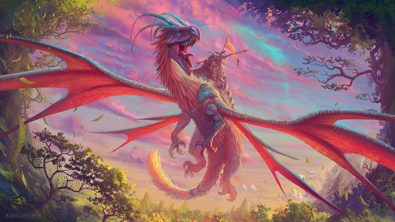 colorful, artwork, fantasy, fantasy art, planet, knight, banner, creature, moon, 1080P, trees, wings, horns, dragon, artist, Francisco Badilla, nature