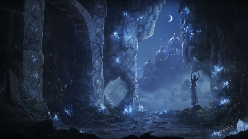 beauty in nature, rock - object, no people, cave, sky, environment, artwork, ancient, solid, blue, glowing, moon, outdoors, castle, water, rock, architecture