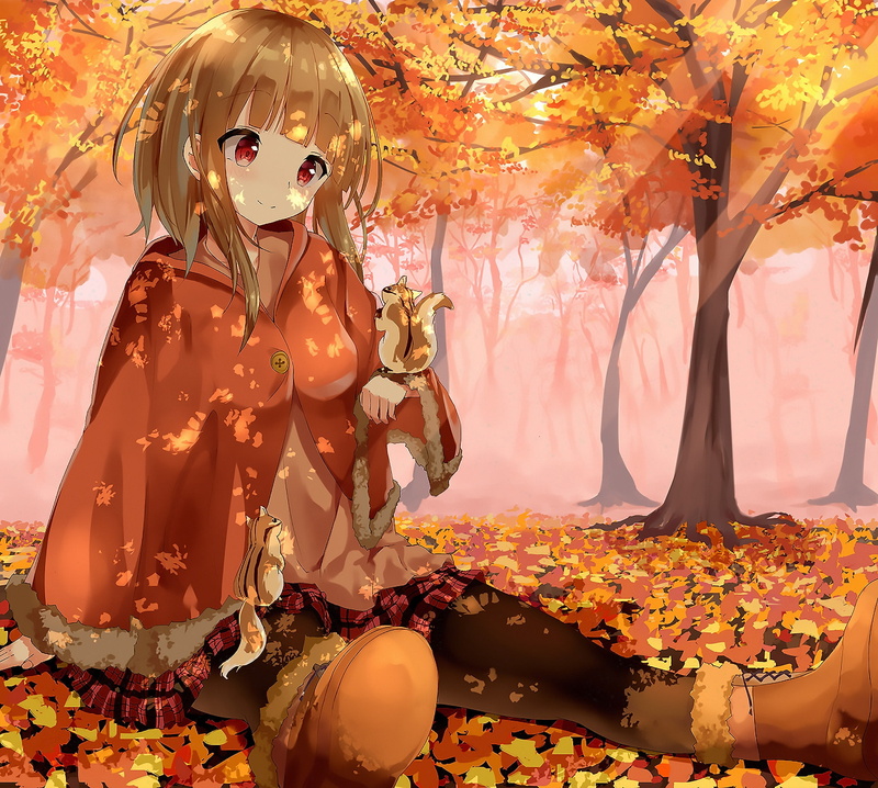 Tree, Blonde, Original, Squirrel, Girl, 1080P, Red Eyes, Anime