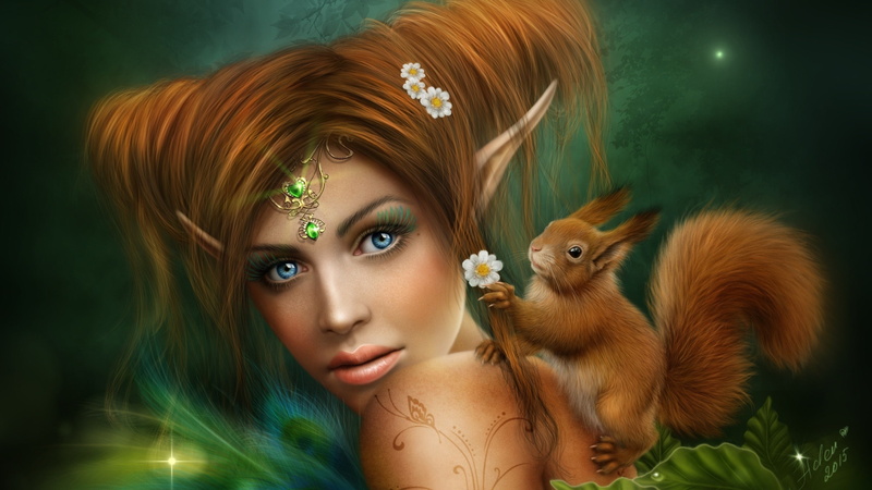 art, flowers, tattoo, digital, face, squirrel, girl, 2K, decorations, woman