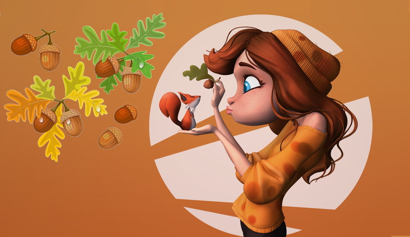 Nick chan, acorn, 1080P, girl, Girl and Squirrel, squirrel, art, oak