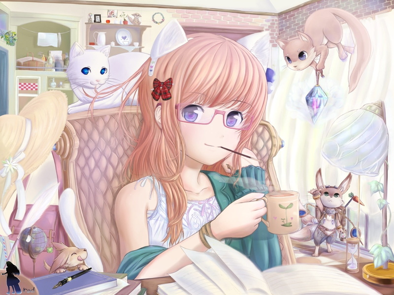 squirrel, neko, 720P, cat, glasses, hat, bow, anime, ears, Bunny, book, girl, animals