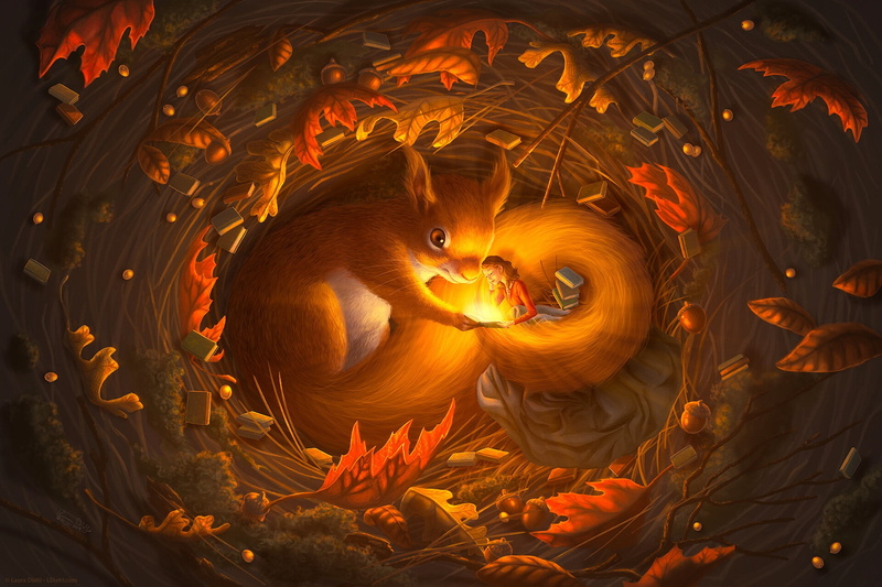 Animal, Girl, Child, Fantasy Animals, Squirrel, Rodent, Fall, 1080P