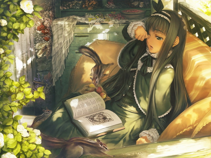 victorian, art, original, leaves, girls, x, hd, apples, squirrels, wallp, outdoors, animals, sleepy, anime, 480P, books