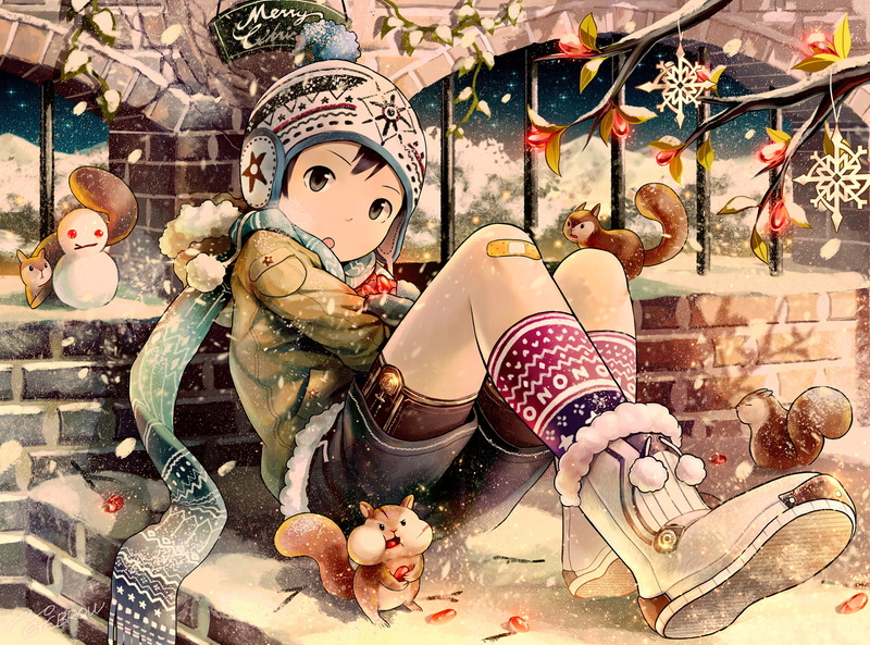 Anime, Original (Anime), 1080P, Original, Scarf, Girl, Christmas, Squirrel
