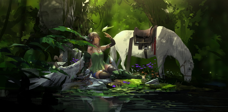 2K, forest, anime, anime girls, horse, squirrel, parrot, brunette, river
