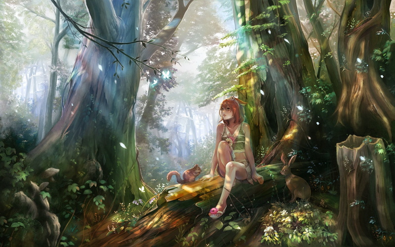 short, cute, forest, squirrel, beautiful, 1080P, girl, animal, anime, dress, hair
