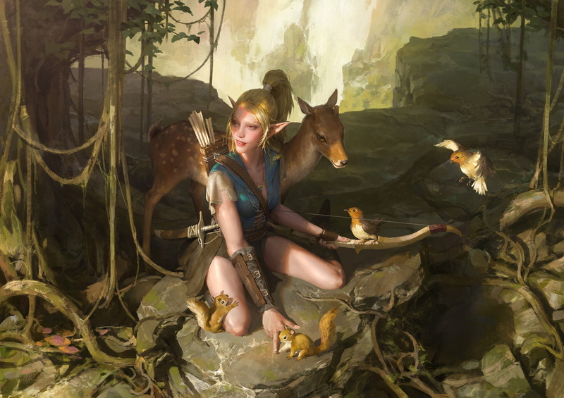 elf  girl, archer, 1080P, birds, Senfeng Chen, fantasy art, deer, hunter, squirrel, forest