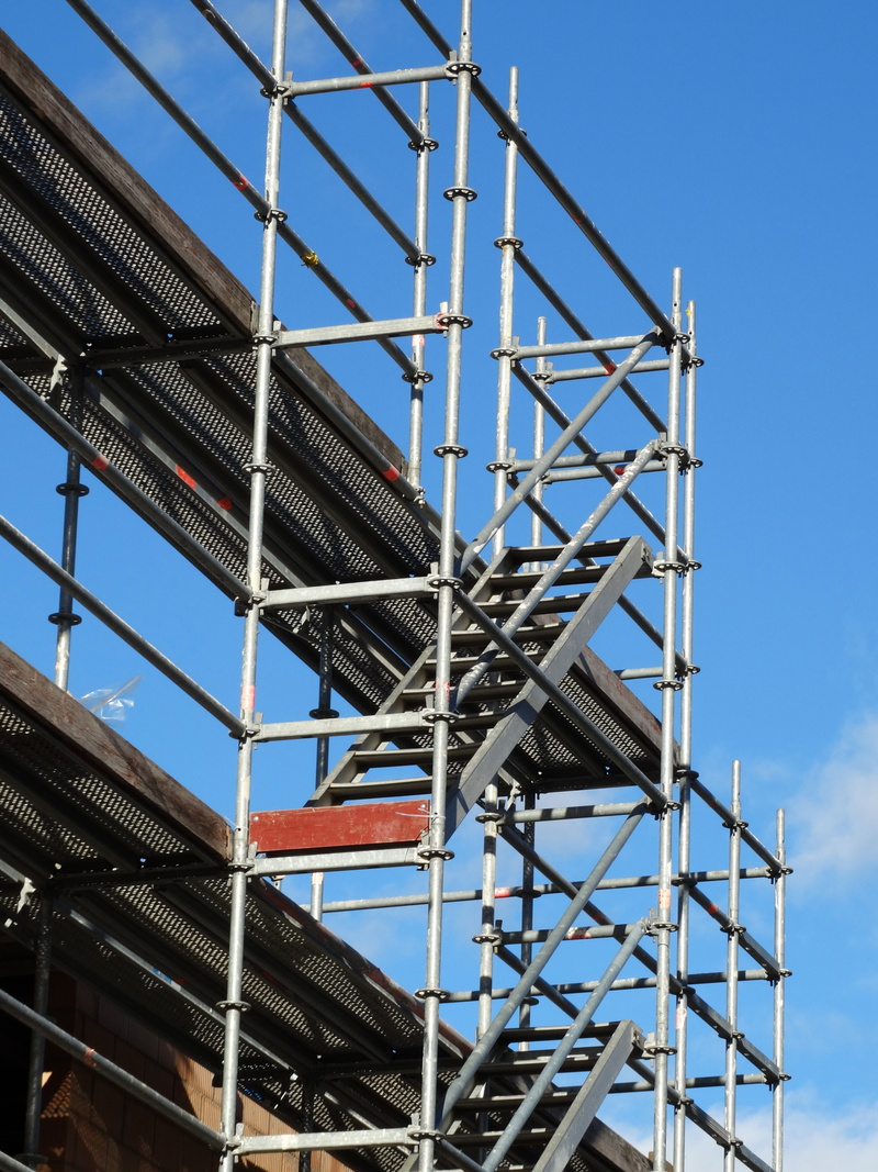 day, Building, working scaffold, building frame, industry, architecture, blue, staircase, low angle view, sky, built Structure, outdoors, construction Frame