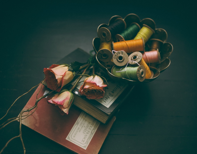 sewing, flower, freshness, nature, bowl, indoors, book, still life, rose - flower, plant part, spool, day, 4K, table, plant, container, threads, flowering plant