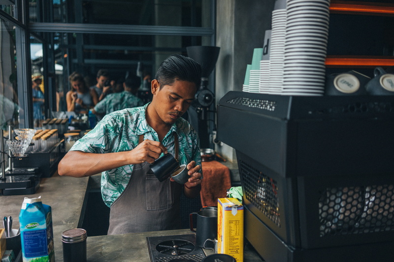 young adult, working, refilling, waist up, milk, business, business finance and industry, cups, making, indoors, small business, food and drink, one person