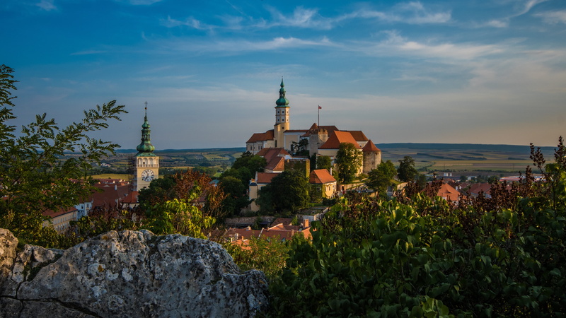 spire, white, sky, outdoors, city, trees, religion, plant, building exterior, old town, czech republic, the past, tree, belief, mikulov, steeple, red, growth