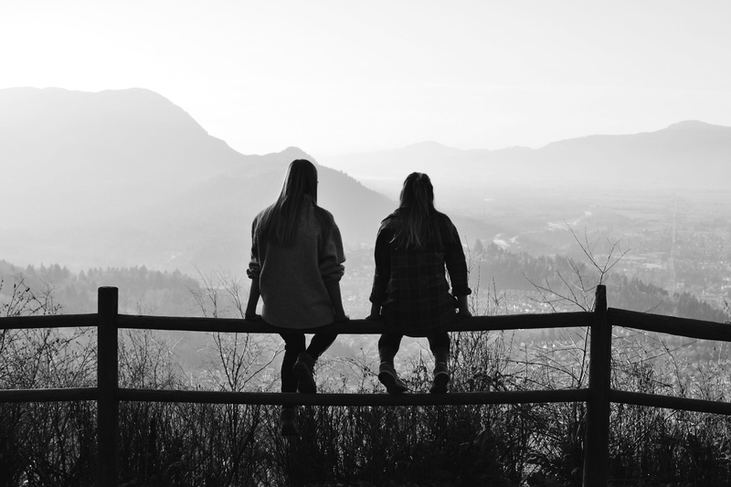from behind, hike, nature, rear view, leisure activity, railing, black and white, monochrome, fall, looking at view, non-urban scene, silhouettes, women