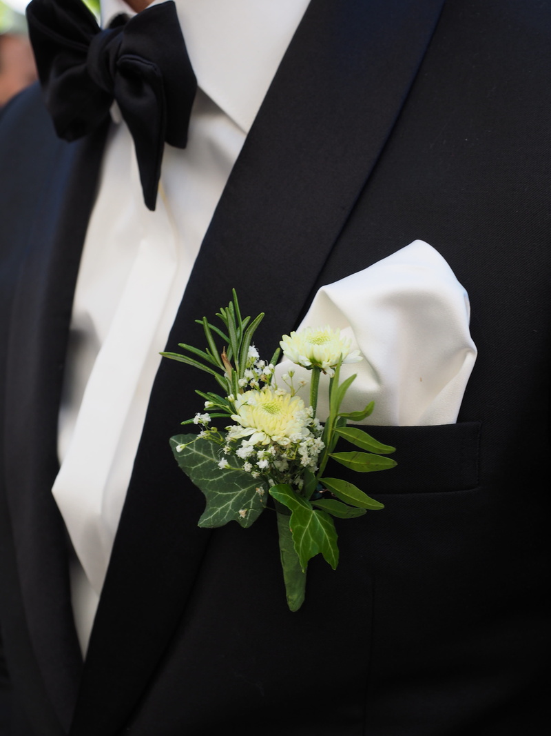 freshness, green, flower, flower arrangement, well-dressed, boutonniere, bow Tie, tuxedo, midsection, elegance, people, closeup, flowers, plant, newlywed