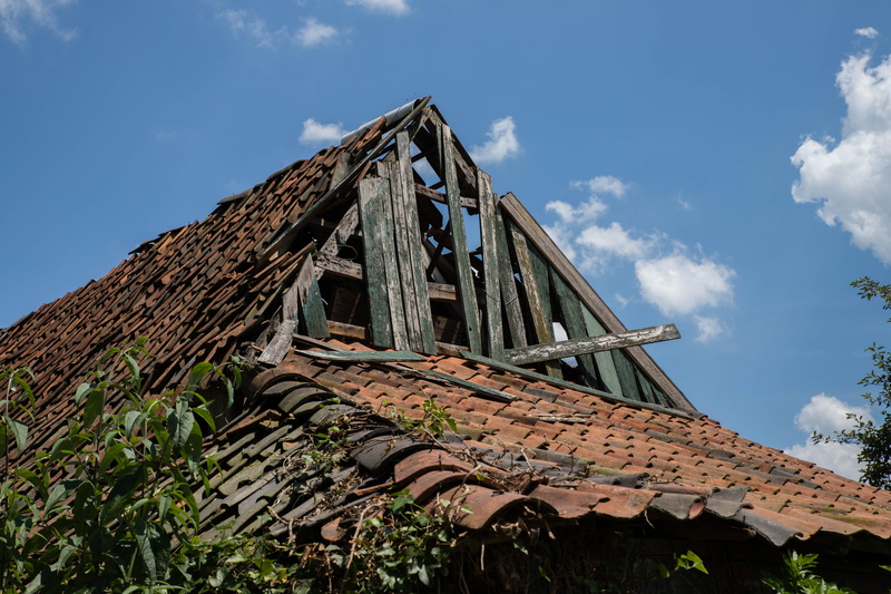 expired, 5K, atmosphere, sky, plant, roof tile, day, architecture, building exterior, tree, forget, no people, outdoors, low angle view, blue, abandoned