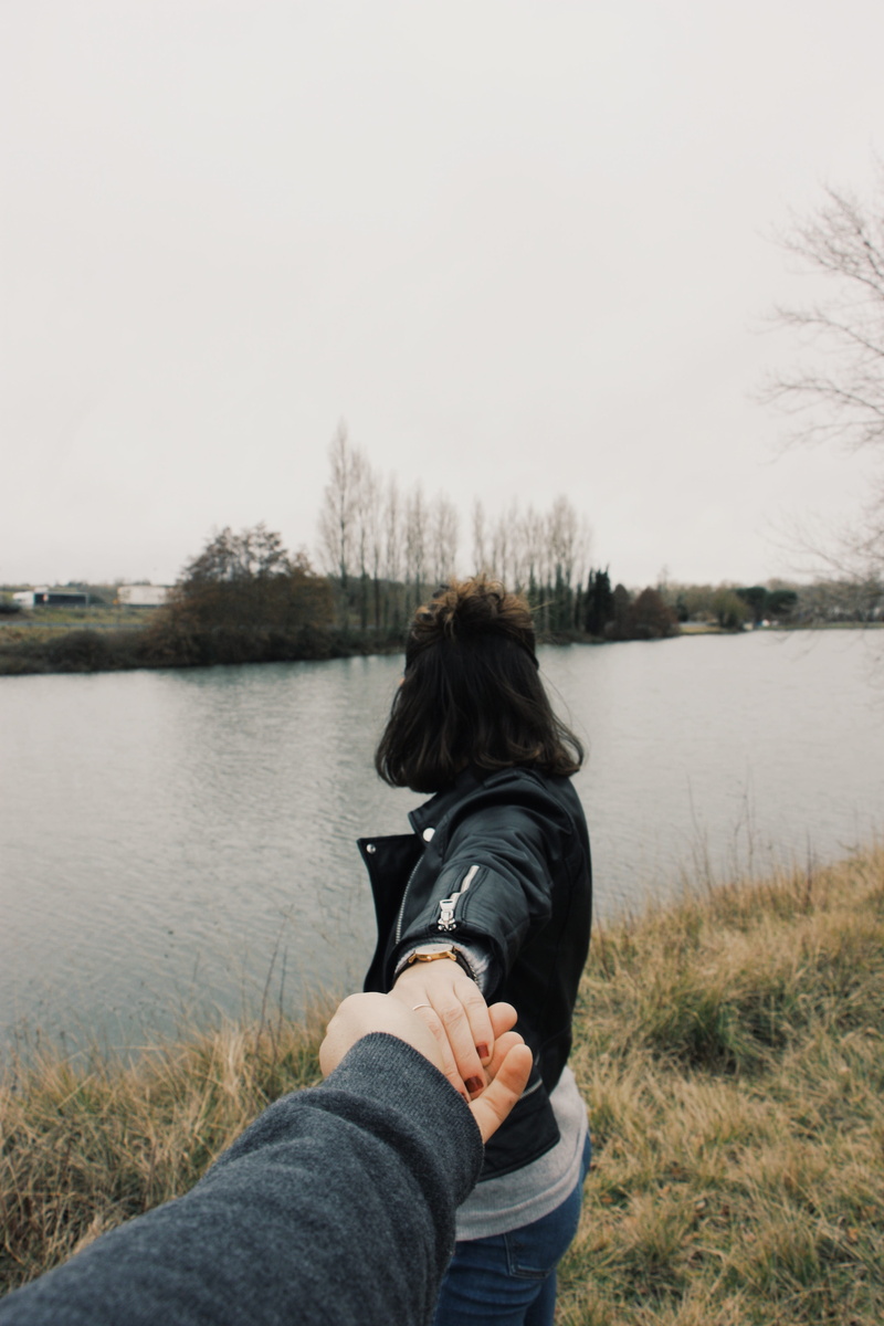 leisure activity, pose, grass, daytime, day, skin, black, jacket, people, hands, female, scenic, woman, human, rear view, tranquil scene, back view, men